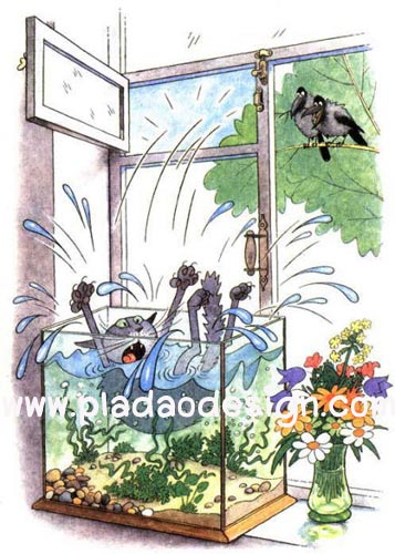 กระดาษสาพิมพ์ลาย สำหรับทำงาน เดคูพาจ Decoupage แนวภาพ การ์ตูนน้องแมวแอบปีนเข้าหน้าตาง ตกลงไปในตู้ปลา