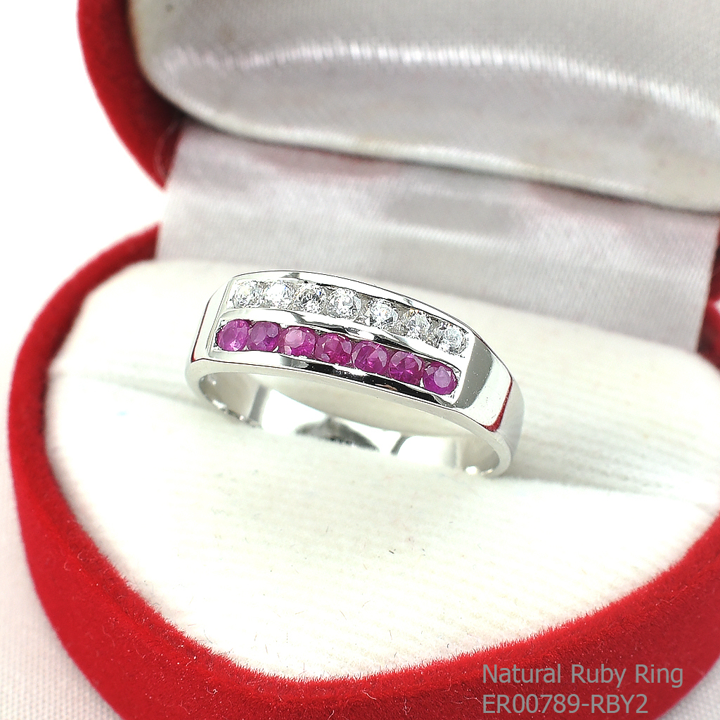 SKJewelryfactory แหวนเงินแท้ 92.5% ฝังพลอยทับทิมแท้ สลับเพชร สไตล์แหวนแถว ER00789-RBY2
