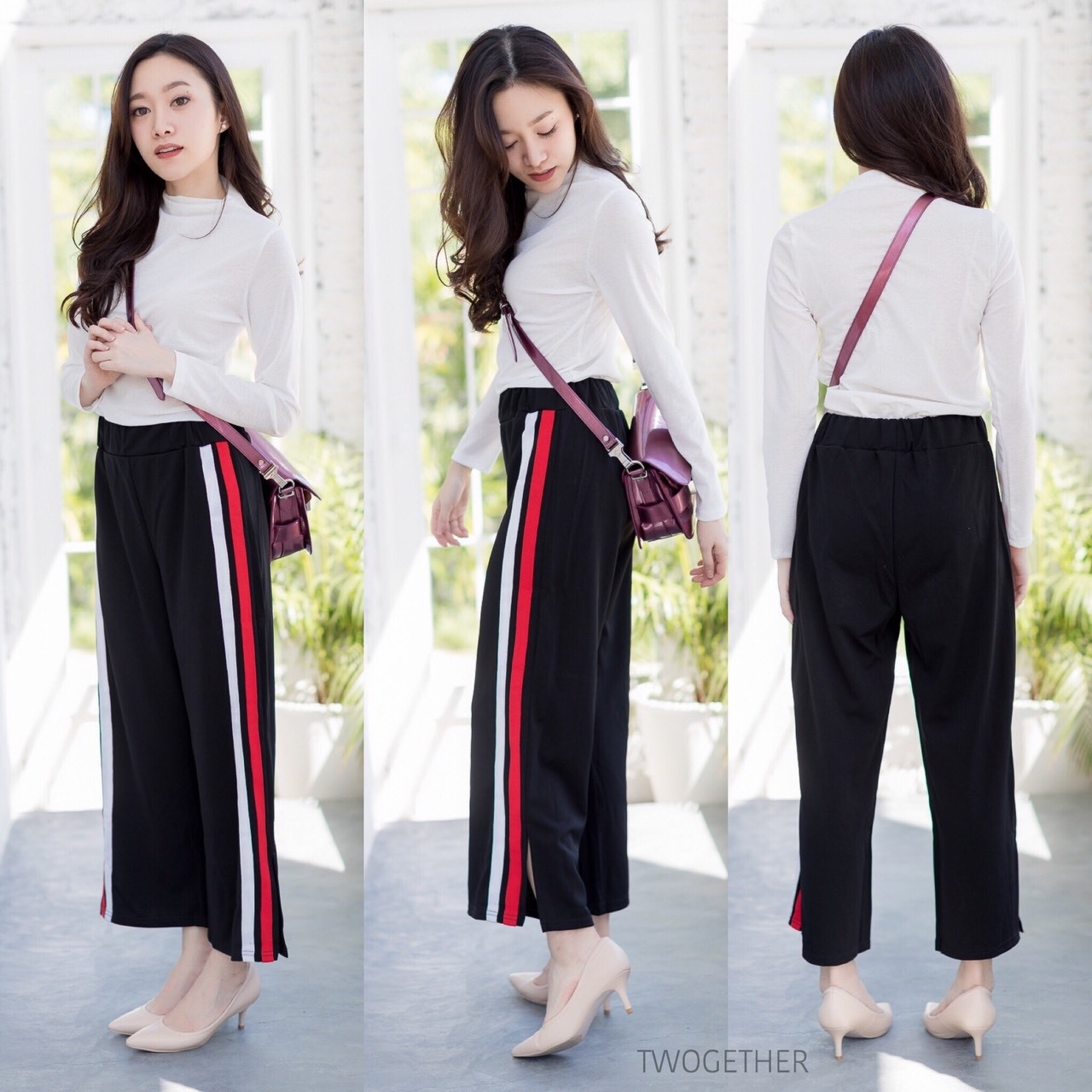พร้อมส่ง กางเกงขายาวแต่งแถบข้าง