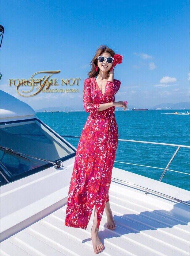 เดรสเกาหลี พร้อมส่ง Maxi Dress ลายดอก