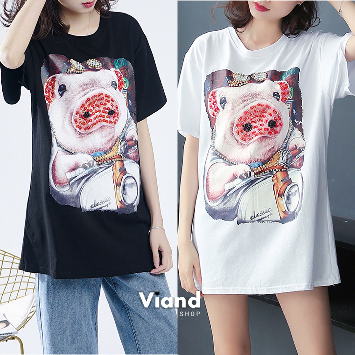 เสื้อเกาหลี พร้อมส่ง เสื้อสกรีนหมูแต่งปักนูน