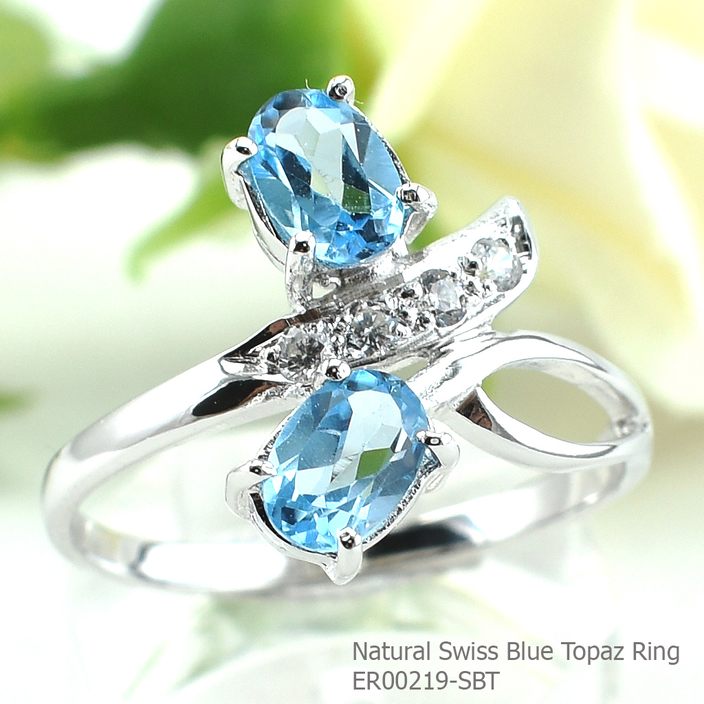 SKJewelryFactory แหวนเงินพลอยสวิสบลูโทปาซแท้ สไตล์แหวนพลอยคู่ ER00219-SBT