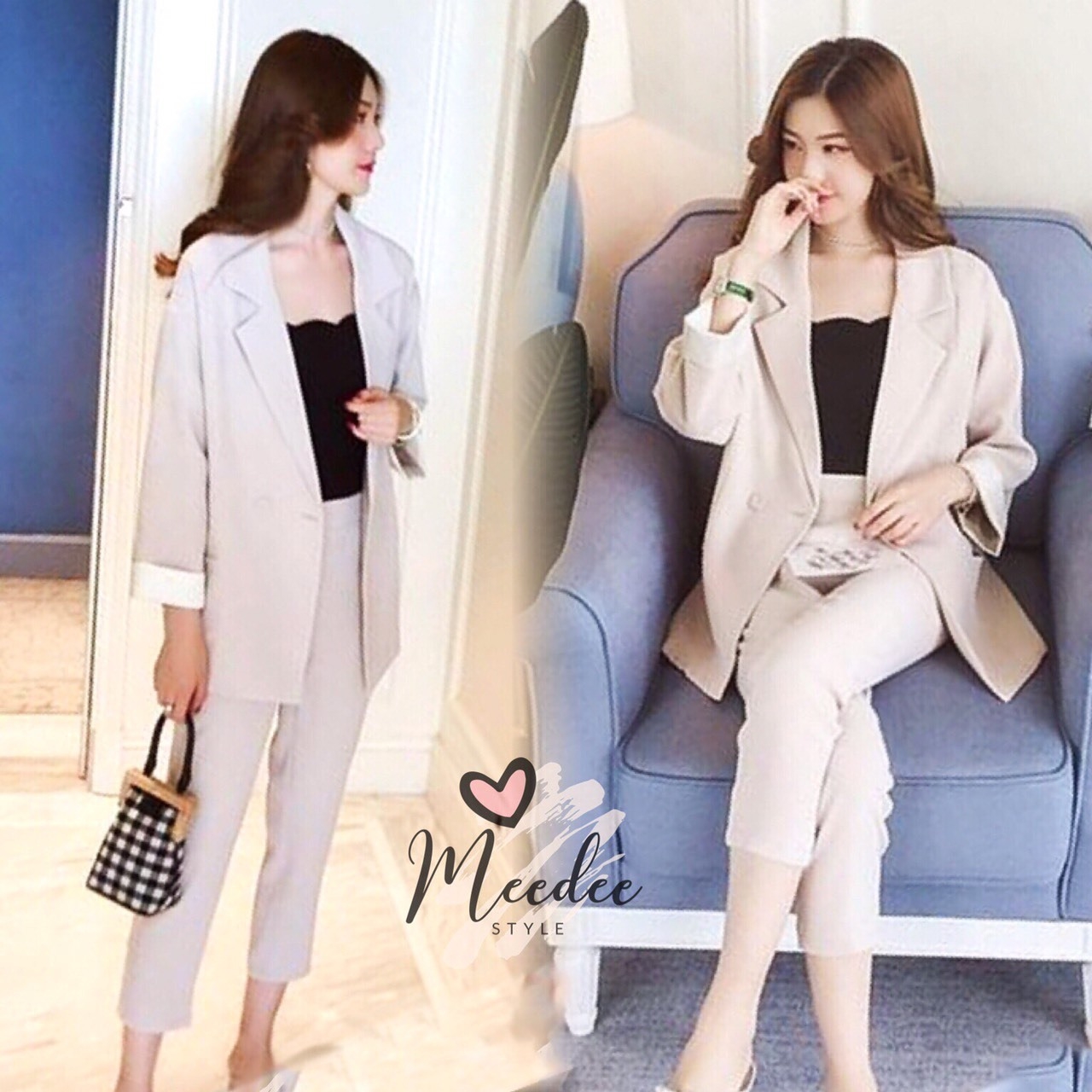 เสื้อผ้าเกาหลี พร้อมส่ง เสื้อสูท blazer + กางเกงขายาว 7ส่วน