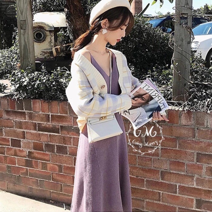 เสื้อผ้าเกาหลี พร้อมส่ง Set เดรส+เสื้อคลุม