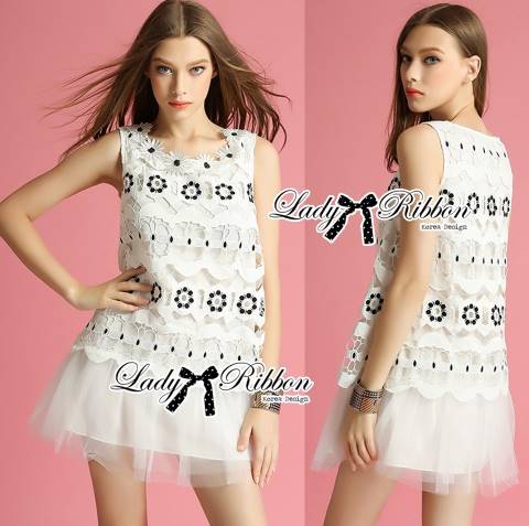 พร้อมส่ง เดรสแขนกุดผ้าลูกไม้ปักลายและตกแต่งดอกไม้