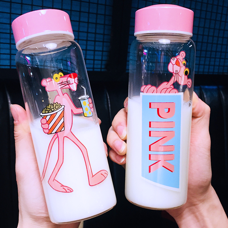 ขวดน้ำ ขวดนม Pink Panther พกพา แก้ว borosilicate ฝาปิดสนิท ขนาด 480 ml.
