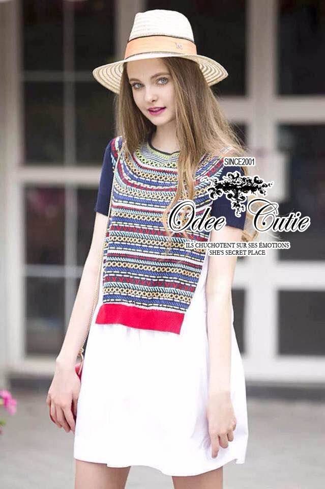 พร้อมส่ง เสื้อถักนิตติ้งตัดต่อผ้าพื้นเป็นเดรส