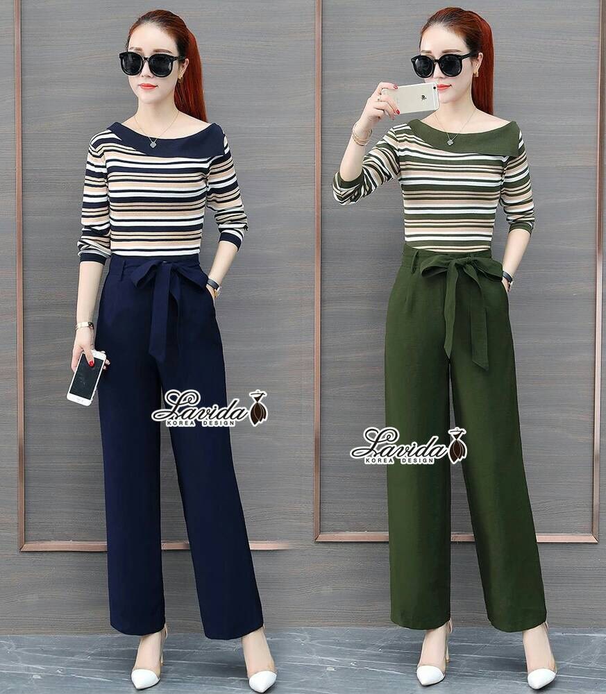 เสื้อผ้าเกาหลี พร้อมส่ง เสื้อผ้าไหมพรมทอลายโทนสีสลับ