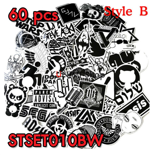 STSET010BW (เซ็ต60ชิ้น) สติกเกอร์ ขาวดำ ลายการ์ตูน กราฟิตี้ ติดรถยนต์, มอเตอร์ไซต์, จักรยาน, กระเป๋า, ติดผนัง ของใช้ต่างๆ สติกเกอร์PVCกันน้ำ ลายสวย เก๋ น่ารัก มีสไตล์ เท่ห์ ไม่ซ้ำใคร