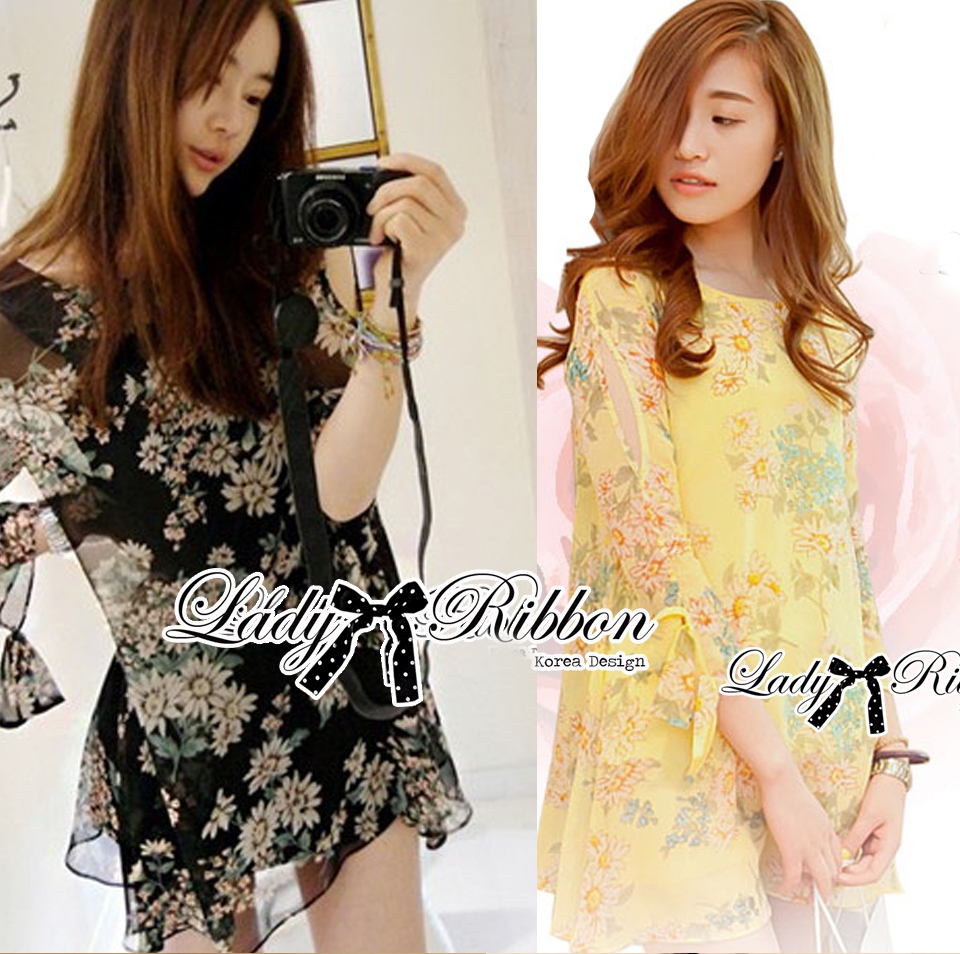 พร้อมส่ง เดรสเปิดไหล่ผ้าชีฟองพิมพ์ลายดอกไม้