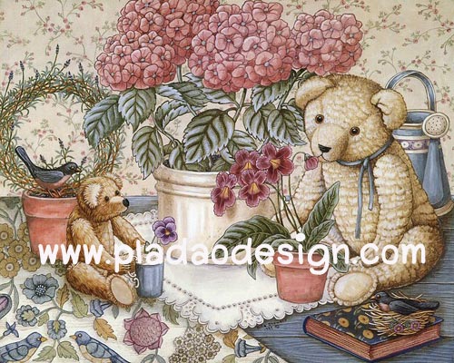 กระดาษเดคูพาจพิมพ์ลาย สำหรับทำงาน เดคูพาจ Decoupage งานฝีมือ งาน Handmade แนวภาพ หมี เท็ดดี้ แบร์ Teddy Bear นั่งข้างกระถางดอกไฮเดรนเยีย (Pladao design)