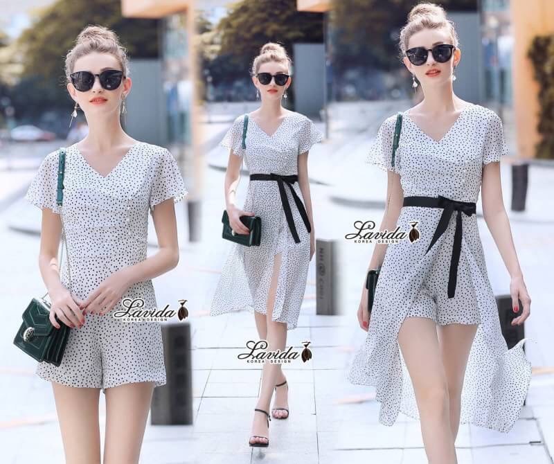เสื้อผ้าเกาหลี พร้อมส่ง จั้มสูท กางเกงขาสั้นลายจุดขาวดำ