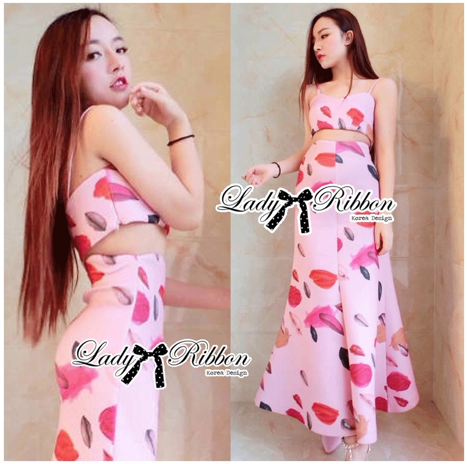 เสื้อผ้าเกาหลี พร้อมส่ง เสื้อสายเดี่ยวและกระโปรงยาวเอวสูง