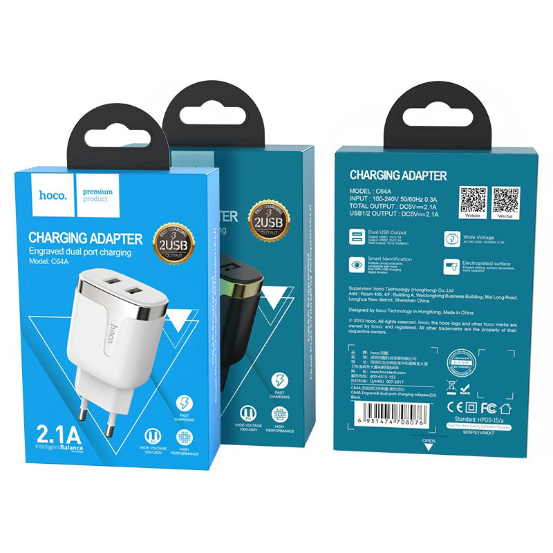 หัวชาร์จ Hoco Wall charger “C64A Engraved” dual USB port EU