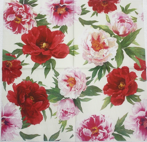 แนวภาพดอกไม้ ดอกโบตั๋น ชมพู แดง พื้นขาว Peony เป็นภาพเต็มแผ่น กระดาษแนพกิ้นสำหรับทำงาน เดคูพาจ Decoupage Paper Napkins ขนาด 33X33cm