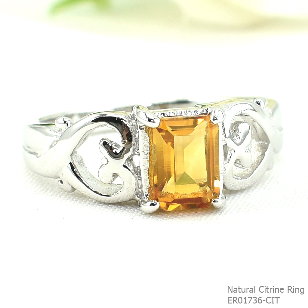 SKJewelryFactory แหวนพลอยซิทรินแท้ แหวนสี่เหลี่ยม ด้านข้างเป็นลายหัวใจคู่ ER01736-CIT