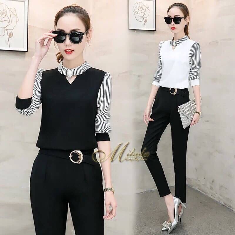 เสื้อผ้าเกาหลี พร้อมส่ง เสื้อคอปีน แต่งโช้ค +กางเกงขายาว