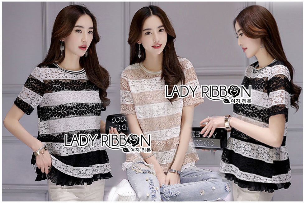 พร้อมส่ง เสื้อผ้าลูกไม้ลายทางตกแต่งระบายผ้าพลีต