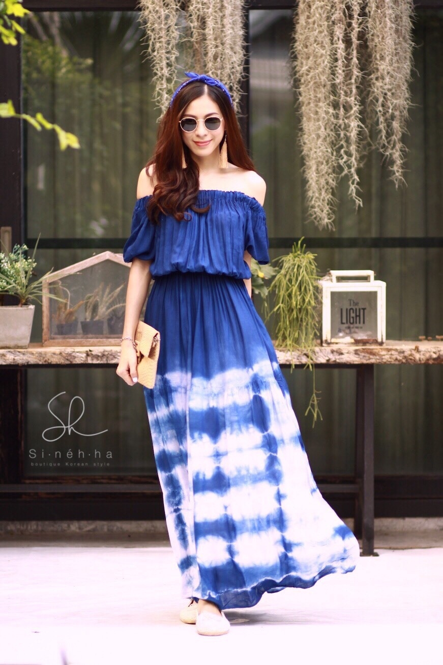ชุดเดรสเกาหลี พร้อมส่ง Maxi ผ้าสปัน แขนตุ๊กตา