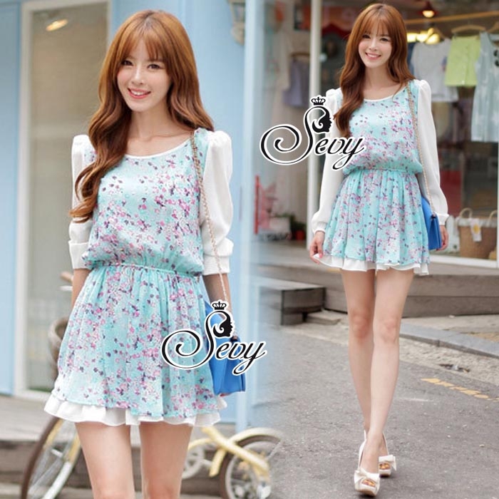พร้อมส่ง เดรสสั้นผ้าชีฟองพริ้วสวย โทนสีฟ้าอมเขียวพาสเทล