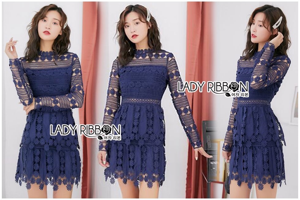 เดรสผ้าลูกไม้ พร้อมส่ง เดรสลูกไม้ ทอลายดอกไม้ตกแต่งเลเยอร์