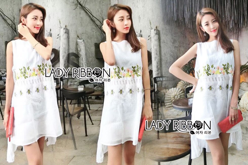 พร้อมส่ง เดรสแขนกุดปักลายดอกไม้และผึ้ง