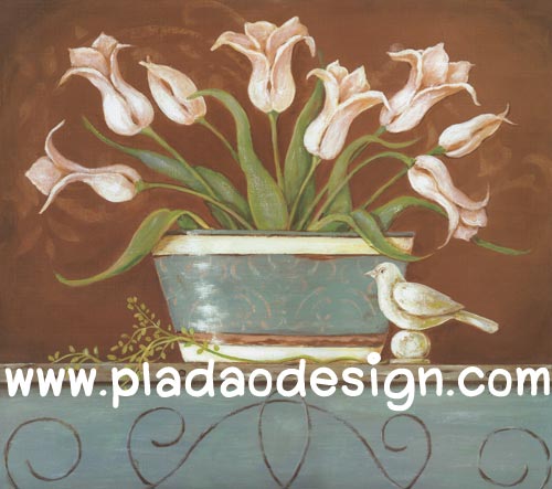 กระดาษสาพิมพ์ลาย สำหรับทำงาน เดคูพาจ Decoupage แนวภาำพ นกไม้น้อยนั่งเฝ้า ดอกไม้สีซีดในกระถาง คลาสสิค (ปลาดาวดีไซน์)