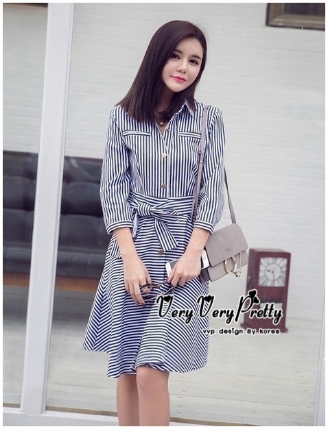 พร้อมส่ง เดรสเชิ้ตแขนศอกลายริ้ว