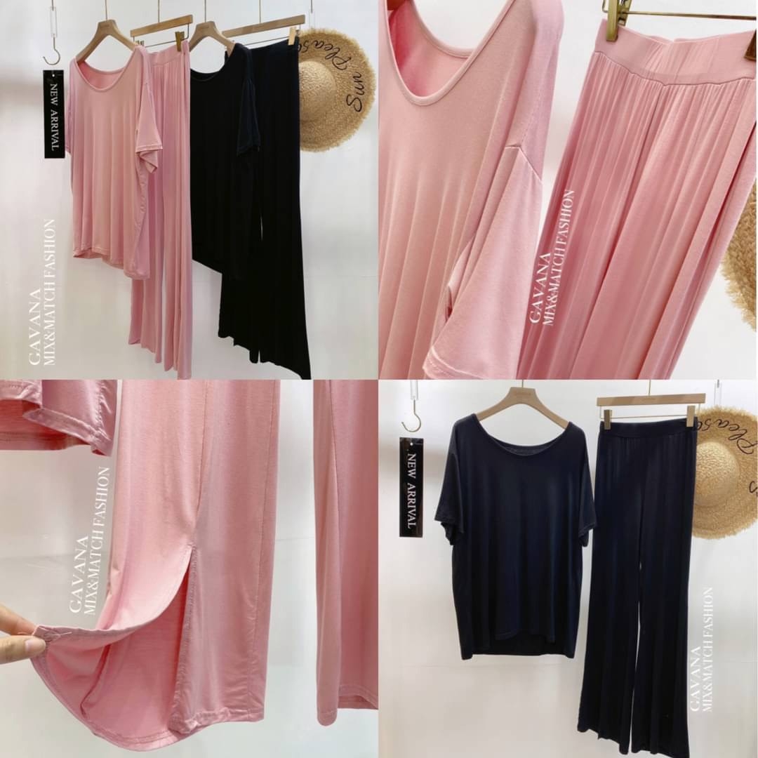เสื้อผ้าเกาหลี พร้อมส่ง เสื้อคอกว้างกับกางเกงเอวยางยืด