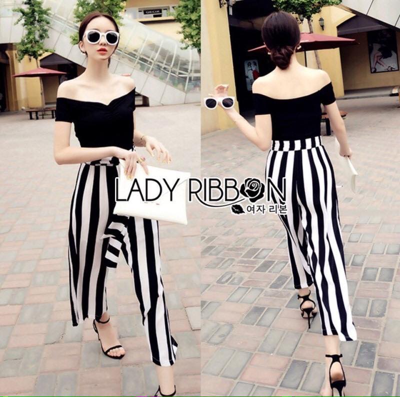 พร้อมส่ง เสื้อเปิดไหล่สีดำและกางเกงขากว้าง