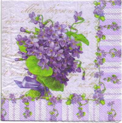 แนวภาพดอกไม้ ช่อดอกไวโอเล็ต กรอบม่วง Violet Bouquet เป็นภาพบล็อค 4 กระดาษแนพกิ้นสำหรับทำงาน เดคูพาจ Decoupage Paper Napkins ขนาด 33X33cm