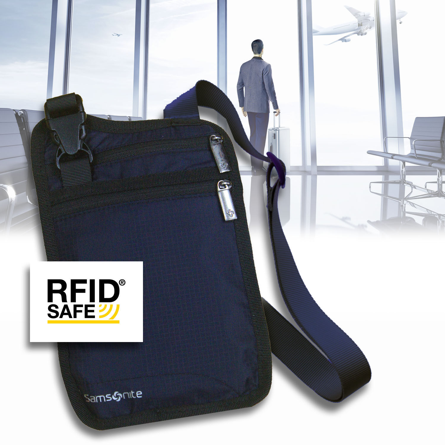 Samsonite Securi-3 RFID Blocking Hidden Neck Wallet กระเป๋าซ่อนตังค์ แบบคล้องคอ สีน้ำเงินเข้ม (Dark Blue)