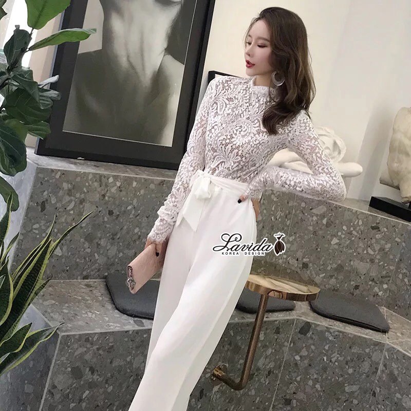 เสื้อผ้าเกาหลี พร้อมส่ง จั๊มสูท ผ้าลูกไม้ทอลายสวย