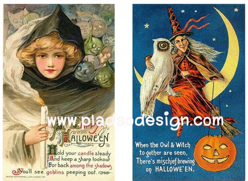 กระดาษเดคูพาจพิมพ์ลาย สำหรับทำงาน เดคูพาจ Decoupage งานฝีมือ งาน Handmade แนวภาพ Happy Halloween มีทั้งแม่มดสาวสุดสวย กะแม่มดแก่ใจดีผู้มาพร้อมกับนกฮูกของ Harry Potter ในสไตนล์ วินเทจ vintage (pladao design)