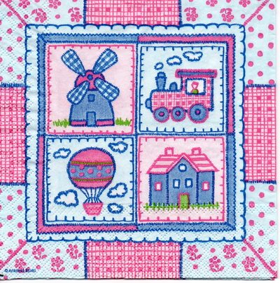แนวภาพการ์ตูน Patchwork ลายปัก กังหัน รถไฟ บอลลูน เป็นภาพบล็อค 4 กระดาษแนพกิ้นสำหรับทำงาน เดคูพาจ Decoupage Paper Napkins ขนาด 33X33cm