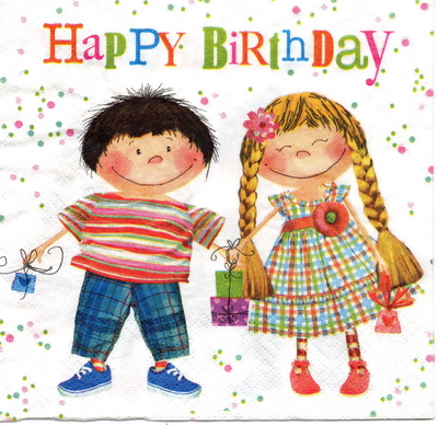 แนวภาพ Happy Birthday เด็กชาย เด็กหญิง กับของขวัญวันเกิด เป็นภาพบล็อค 4 กระดาษแนพกิ้นสำหรับทำงาน เดคูพาจ Decoupage Paper Napkins ขนาด 33X33cm
