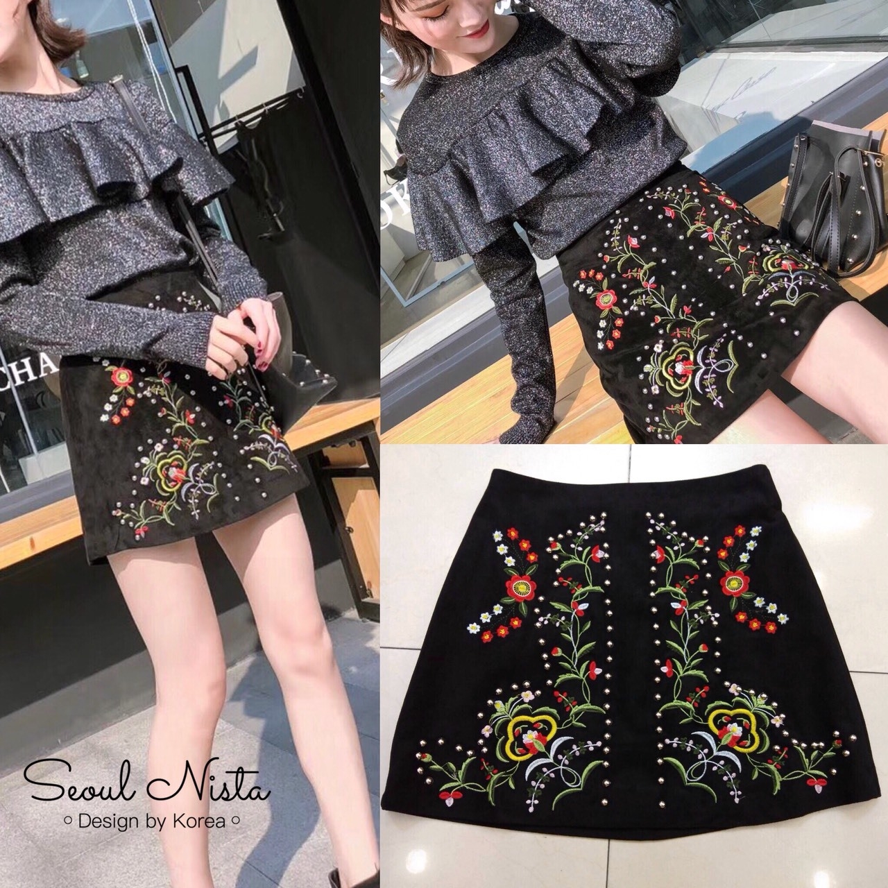 พร้อมส่ง กระโปรง งานปัก+ตอกหมุด