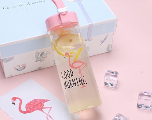 ขวดแก้วน้ำ นกฟลามิงโก้ สุดเก๋ +ปลอกถุงหิ้ว ขนาด 500 ml.สีชมพู พกพาได้