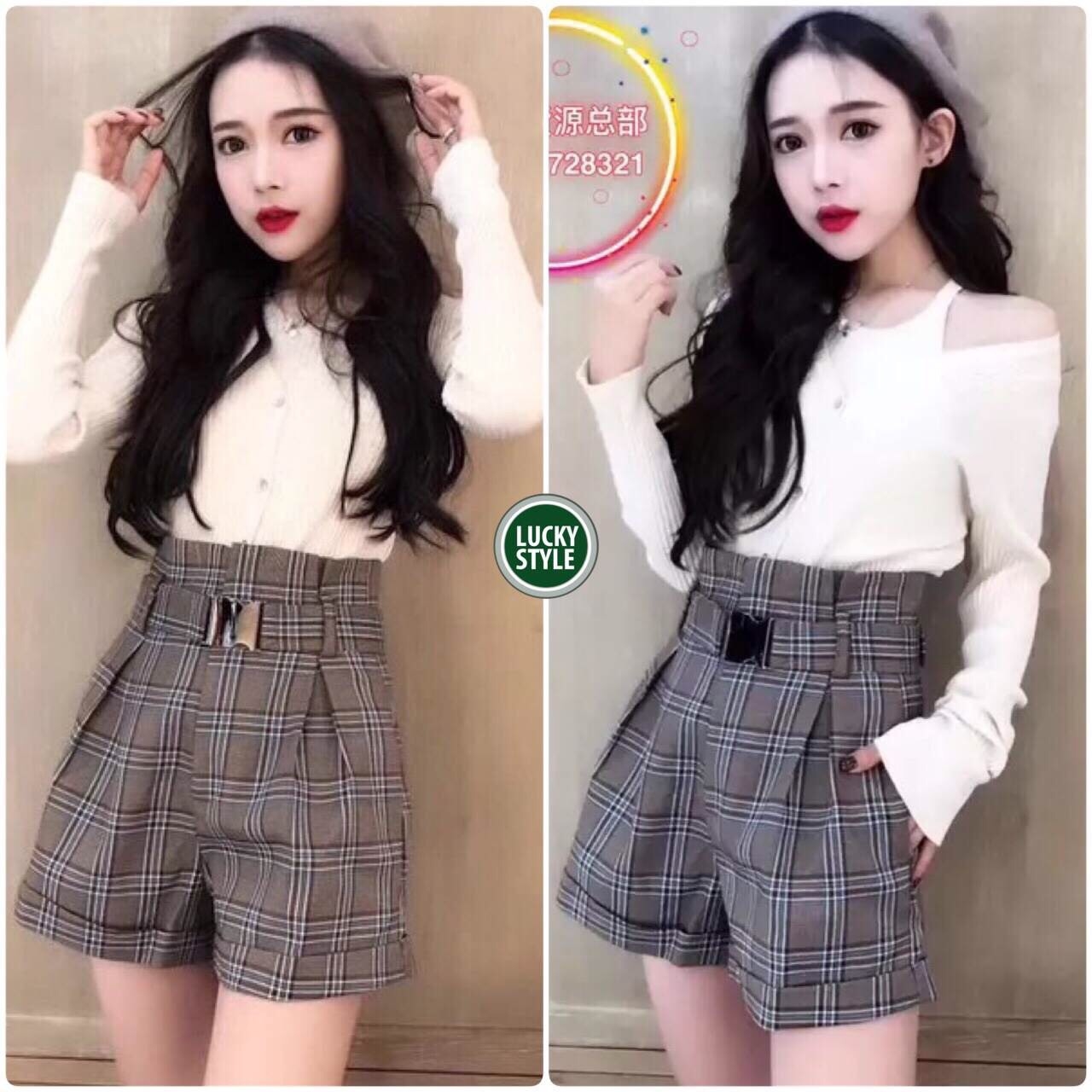 พร้อมส่ง กางเกงขาสั้น เอวสูง ลายสก๊อต