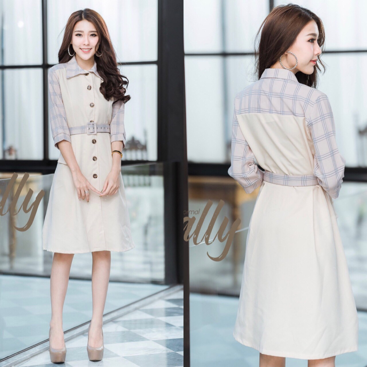 เดรสแฟชั่น พร้อมส่ง เดรสสวย ตัดต่อลายสไตล์ Burberry