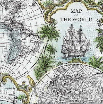 แนวภาพวินเทจ Vintage World Map พื้นฟ้า กระดาษแนพกิ้นสำหรับทำงาน เดคูพาจ Decoupage Paper Napkins ขนาด 33X33cm