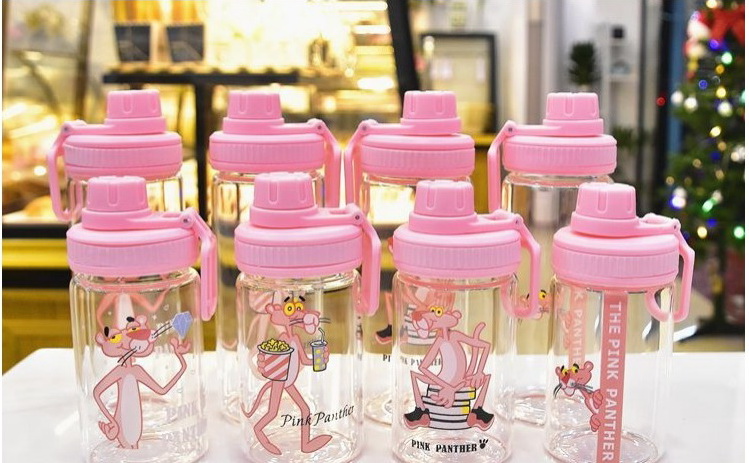 ขวดน้ำ ขวดนม Pink Panther พกพา แก้ว borosilicate ฝาดื่ม หมุนปิด มี 2 ขนาด 400 /500 ml.