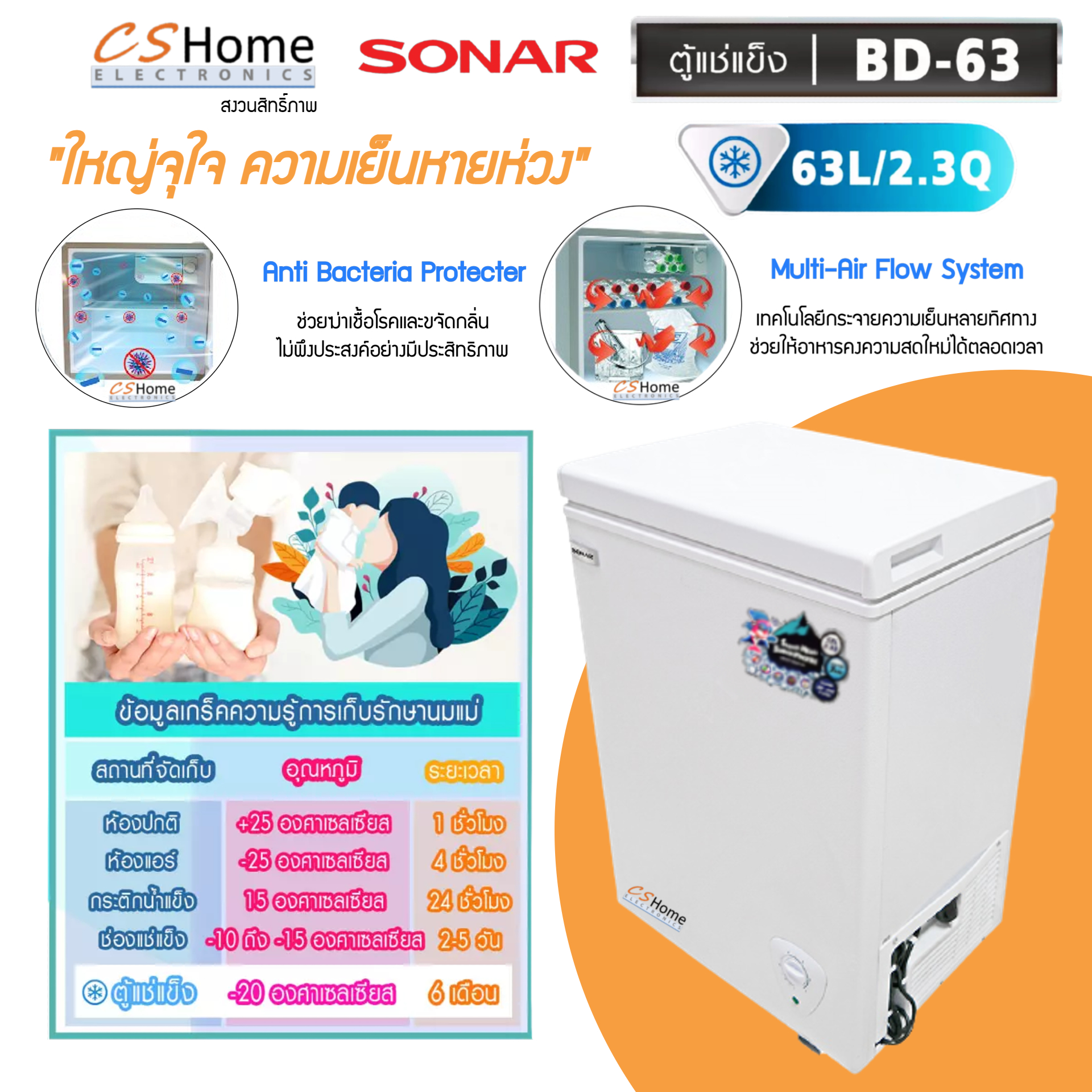 SONAR ตู้แช่แข็ง/แช่เย็น CHEST FREEZER ขนาด 63 ลิตร (2.3คิว) รุ่น BD-63 ประหยัดไฟ เย็นจัด เย็นเร็ว ทำงานเงียบไร้เสียงรบกวน CS Home