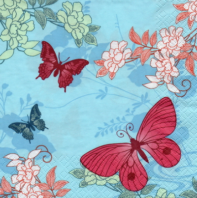 แนวภาพวินเทจ Butterfly ผีเสื้อ กับพื้นดอกไม้ พื้นฟ้า เป็นภาพกระจายเต็มแผ่น กระดาษแนพกิ้นสำหรับทำงาน เดคูพาจ Decoupage Paper Napkins ขนาด 33X33cm