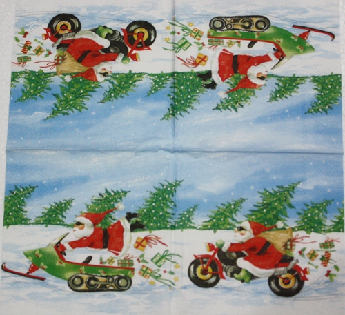 แนวภาพคริสต์มาส Santa ซิ่งมอเตอร์ไซด์ เป็นภาพครึ่งแผ่น กระดาษแนพกิ้นสำหรับทำงาน เดคูพาจ Decoupage Paper Napkins ขนาด 33X33cm