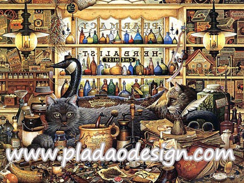 กระดาษสาพิมพ์ลาย สำหรับทำงาน เดคูพาจ Decoupage แนวภาำพ 2 แมวขนเทาเข้ม นอนรอเจ้าของร้านขายยาสมุนไพรเลิกงานบนโต๊ะทำงาน