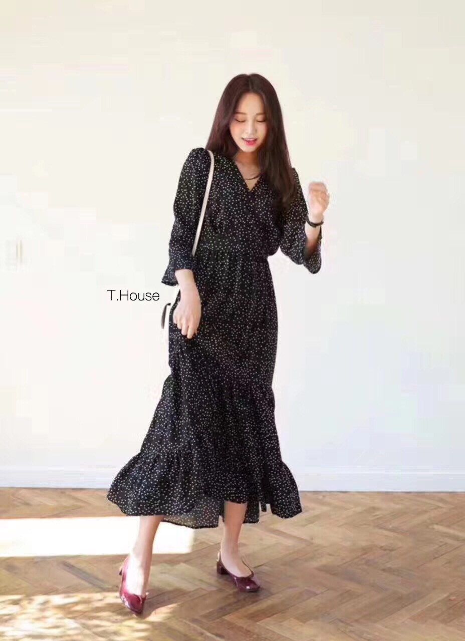 พร้อมส่ง เดรสยาวปริ้นลายจุด