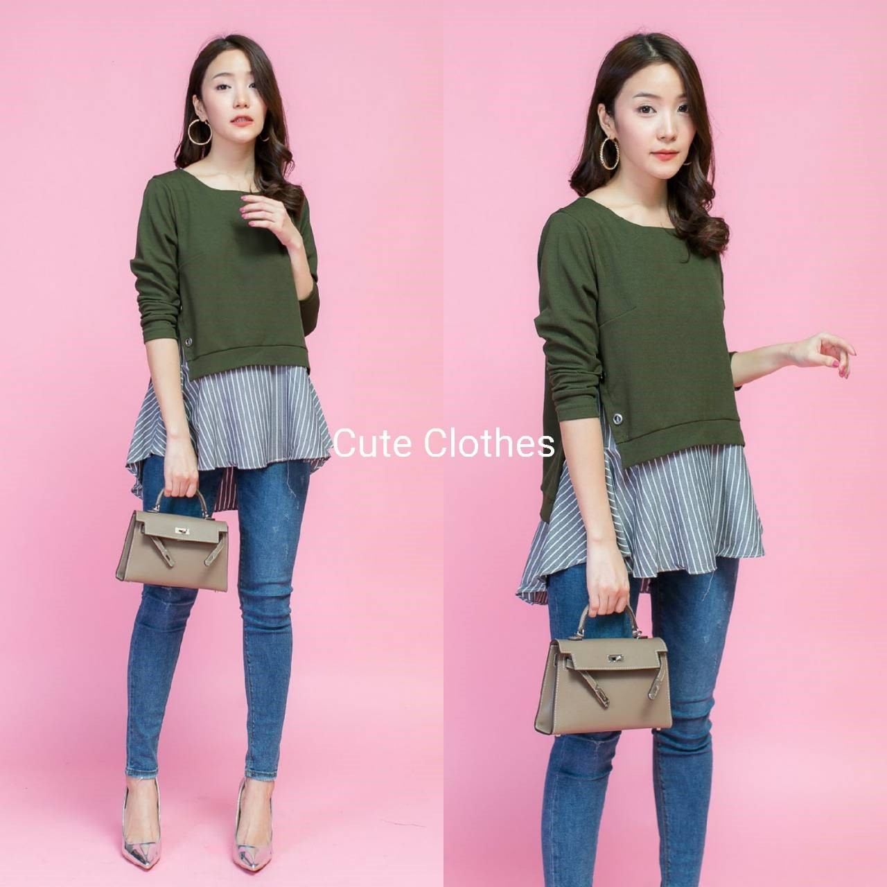 เสื้อเกาหลี พร้อมส่ง เสื้อยื้ด ต่อผ้าริ้ว