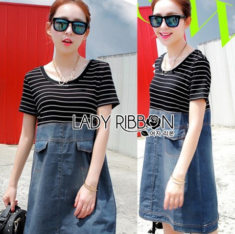 พร้อมส่ง เดรสเสื้อยืดลายขวางสีดำตัดต่อกระโปรง