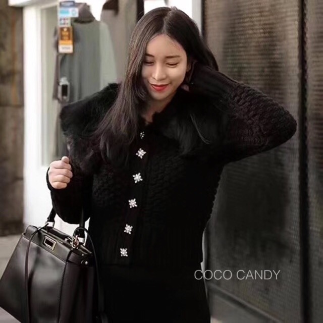 เสื้อเกาหลี พร้อมส่ง เสื้อคลุมไหมพรม แต่งปกเฟอร์